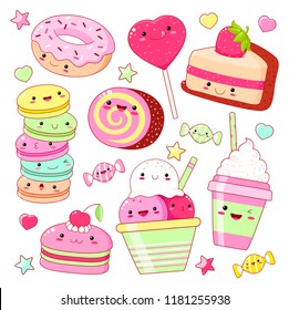 Set of cute sweet icons in kawaii style with smiling face and pink cheeks for sweet design. Sticker with inscription So cute. Ice cream, candy, donut, cap with soda, cupcake, macarons. EPS8  