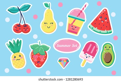Set of cute sweet icons in kawaii style with smiling face and pink cheeks for sweet design. Sticker with cherry, pear, drink, juice, watermelon, pineapple, strawberry, ice cream, avocado, summer
