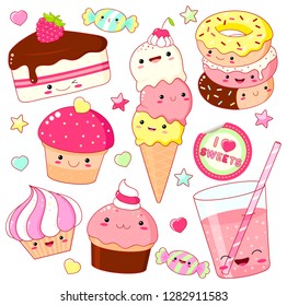 Set of cute sweet icons in kawaii style with smiling face and pink cheeks for sweet design. Sticker with inscription So cute. Ice cream, candy, donut, cap with soda, cupcake. EPS8  