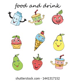 Set of cute sweet icons in kawaii style with smiling face and pink cheeks for design. Sticker with ice cream, coffee, drink, juice, burger, french fries, frappe, tea, hamburger, summer set stickers