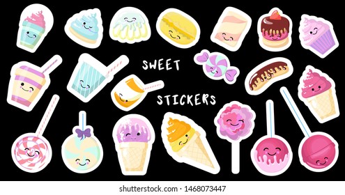 Set of cute sweet icons in kawaii style with smiling face and pink cheeks for sweet design. Sticker with inscription So cute. Ice cream, candy, cap with coffee, soda, cupcake, macarons. 