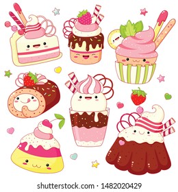 Set of cute sweet icons in kawaii style with smiling face and pink cheeks for sweet design. Ice cream, cake, sundae kids, cupcake. EPS8  