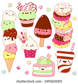 Set of cute sweet icons in kawaii style with smiling face and pink cheeks for sweet design. Ice cream, cake, sundae kids, cupcake, donuts. EPS8  