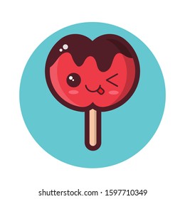 Set of cute sweet icons in kawaii style with smiling face and pink cheeks for sweet design. Sticker with inscription So cute. Ice cream, candy, cap with coffee, soda, cupcake, macarons. EPS8