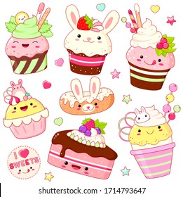 Set of cute sweet icons in kawaii style with smiling face and pink cheeks for sweet design. Ice cream, cake, sundae kids, cupcake, donuts. EPS8  