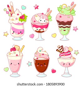 Set of cute sweet icons in kawaii style with smiling face and pink cheeks for sweet design. Ice cream, milkshake, sundae kids, cupcake, fruit and milk cocktail. Vector illustration EPS8  