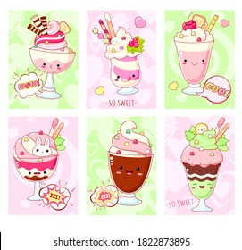 Set of cute sweet icons in kawaii style with smiling face and pink cheeks for sweet design. Ice cream, milkshake, sundae kids, fruit and milk cocktail. Vector illustration EPS8  