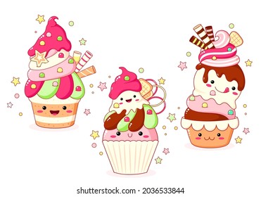 Set of cute sweet icons in kawaii style with smiling face and pink cheeks for sweet design. Ice cream, cake, sundae kids, cupcake. EPS8  