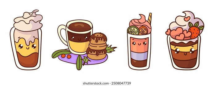 Set of cute sweet icons in kawaii style with smiling face for sweet design. Ice cream, cake, sundae kids, coffee, cupcake, fruit cocktail.