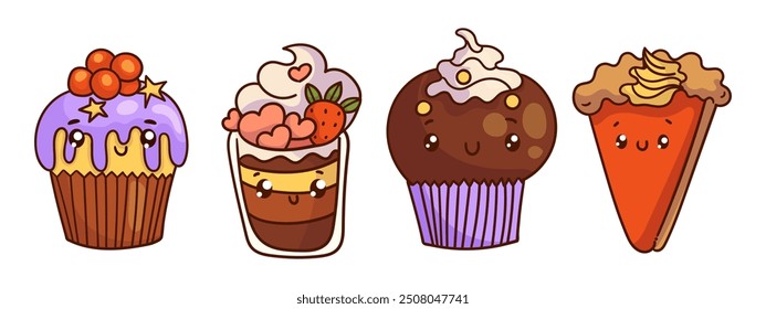 Conjunto de lindos iconos dulces en estilo kawaii con cara sonriente para un diseño dulce. Helado, pastel, helados, café, cupcake, cóctel de frutas.