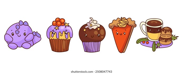 Conjunto de lindos iconos dulces en estilo kawaii con cara sonriente para un diseño dulce. Helado, pastel, helados, café, cupcake, cóctel de frutas.