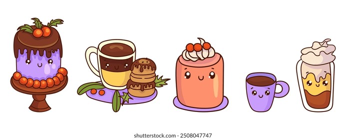 Set of cute sweet icons in kawaii style with smiling face for sweet design. Ice cream, cake, sundae kids, coffee, cupcake, fruit cocktail.