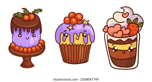 Conjunto de lindos iconos dulces en estilo kawaii con cara sonriente para un diseño dulce. Helado, pastel, helados, café, cupcake, cóctel de frutas.