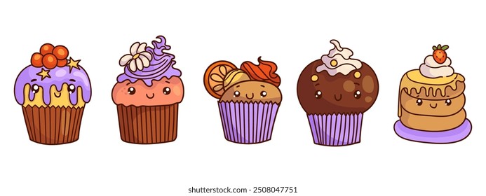 Set of cute sweet icons in kawaii style with smiling face for sweet design. Ice cream, cake, sundae kids, coffee, cupcake, fruit cocktail.