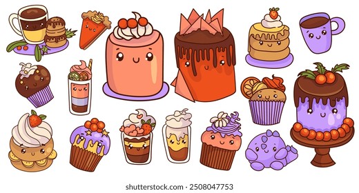 Conjunto de lindos iconos dulces en estilo kawaii con cara sonriente para un diseño dulce. Helado, pastel, helados, café, cupcake, cóctel de frutas.