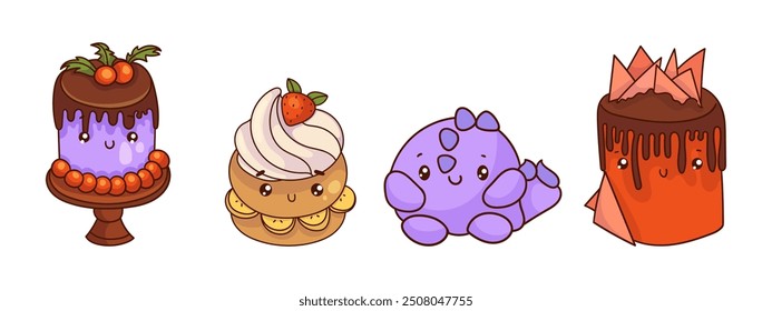 Set of cute sweet icons in kawaii style with smiling face for sweet design. Ice cream, cake, sundae kids, coffee, cupcake, fruit cocktail.
