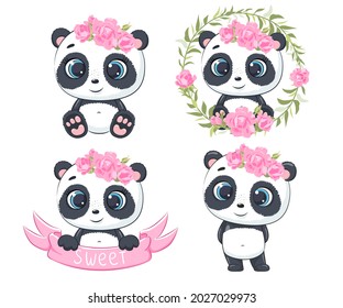 Un conjunto de pandas bonitos y dulces. Ilustración vectorial de una caricatura.