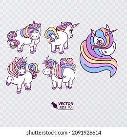 Set of Cute sweet pony unicorn and rainbow. Girly flat cartoon hand drawings. Fairy character, cute, animals, horse. Pony cute and very beautiful, Vector format
