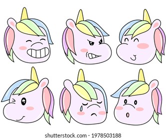 Set of Cute sweet unicorn. Girly flat vector hand drawings. Fairy character, cute, animals, horse. Pony unicorn, cute and very beautiful.