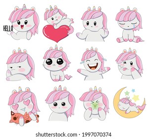 Set of Cute sweet unicorn sticker. Girly flat vector hand drawings. Fairy character, emoji, animals, horse. Pony unicorn, cute and very beautiful.