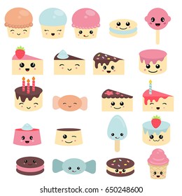 Set of cute sweets and candy. Adorable characters design.