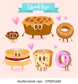 A set of cute sweets. Illustration with characters. Love and hearts. Funny food. Cookies, apple pie, donut, bagel.