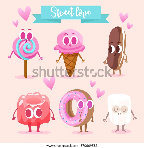 かわいいお菓子のセット おかしな文字を含むイラスト 愛と心 食べ物