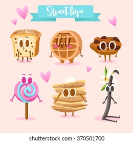 A set of cute sweets. Illustration withcharacters. Love and hearts. Funny food. Biscuits, wafers, candy, vanilla, pancakes.