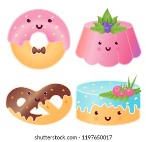 Set Of Cute Sweets. Jelly Pudding, Donut, Pretzel, Cupcake.