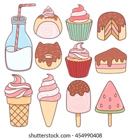 set of cute sweets on white background. set of different ice cream with toppings. can be used like stickers or for greeting cards