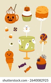 Set of cute sweets and treats in Halloween style. Vector graphics.