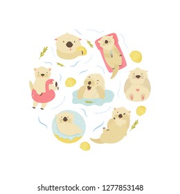 Set of cute swimming otters. For Baby Print design, apparel, greeting cards