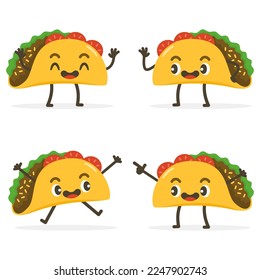 Set of Cute Taco Cartoon Food Characters isolated on white.