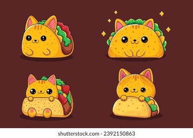 A Set Of Cute Taco cat Vector Icon Illustration. Collections of Taco Cat Cartoon Style. Suitable for Web Landing Page, Banner, Flyer, Sticker, Card, Background