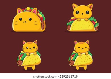 Un Conjunto De Ilustración De Icono Del Vector Del Taco. Colecciones del estilo de dibujos animados del gato del taco. Adecuado para la página de aterrizaje web, banner, volante, adhesivo, tarjeta, fondo