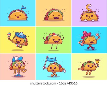 A Set Of Cute Taco Mascot Vector Icon Illustration. Collections Of Taco Character Concept White Isolated. Flat Cartoon Style Suitable for Web Landing Page, Banner, Flyer, Sticker, Card, Background
