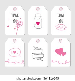 set of cute tag cards for Valentine's Day, vector labels, notes and badges for presents and gifts