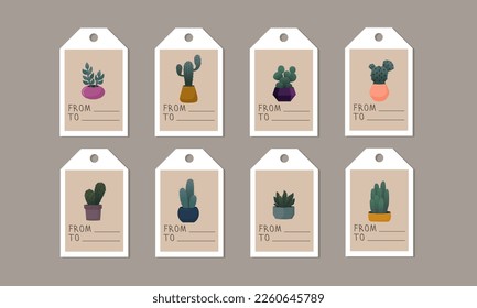 Set of cute tags with cacti in pots