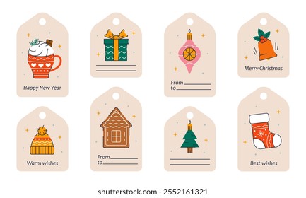 Set of cute tags for Christmas gifts. Holiday gift labels for New Year. Greeting cards for Christmas time. Vector illustration