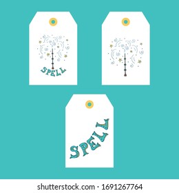 Set of cute tags or labels templates with magic wand and lettering. Hand drawn style illustration. Vector.