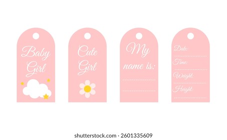 A set of cute tags for a newborn girl in pink color. Vector illustration 