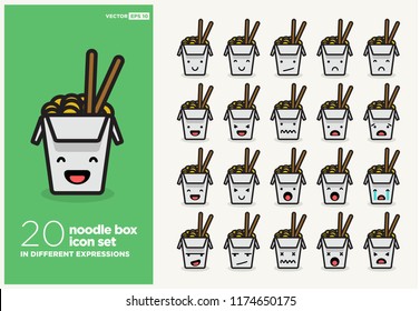 Set of Cute Takeaway Noodle Box Emoji Line Icons In Different Expressions