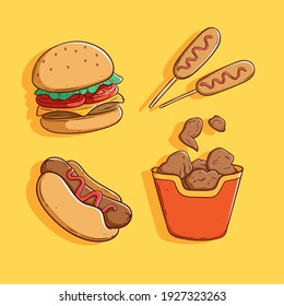 set of cute tasty junk food design