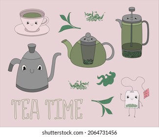 Set of cute tea attributes in pastel colors - vector illustration, eps stock illustration, isolated design elements