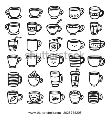 Set of Cute Tea or coffee cup vector doodle hand drawn line illustration