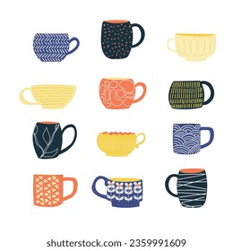 Set with cute tea or coffee cups, hand drawn vector illustration, isolated on white background