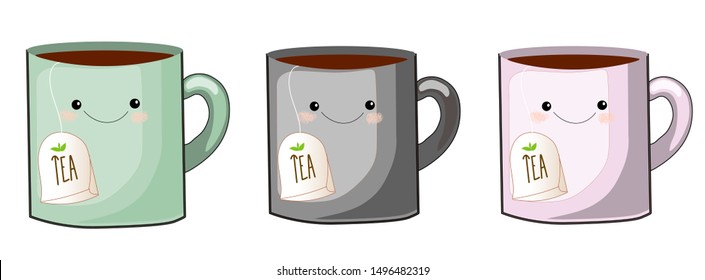 Set of cute tea cup character. Sweet bag with cute faces. tea bag. A cup of emoticons set with cheeks and eyes. Colored beautiful doodle cups characters in flat designs