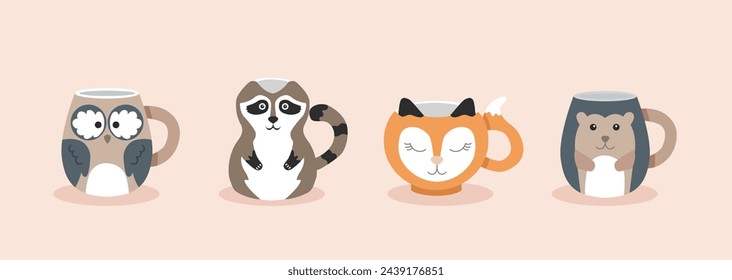 Set cute tea cups in the form of forest animals. Fox, hedgehog, raccoon, owl. Vector color characters ceramic for children.