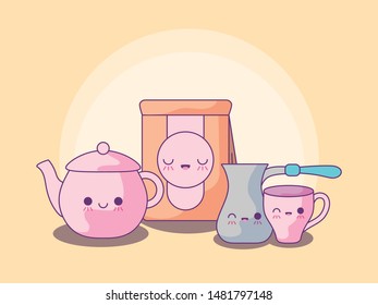 set cute teapot with icons kawaii style