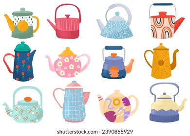 Set of cute teapots with abstract design. Kettle isolated on white background